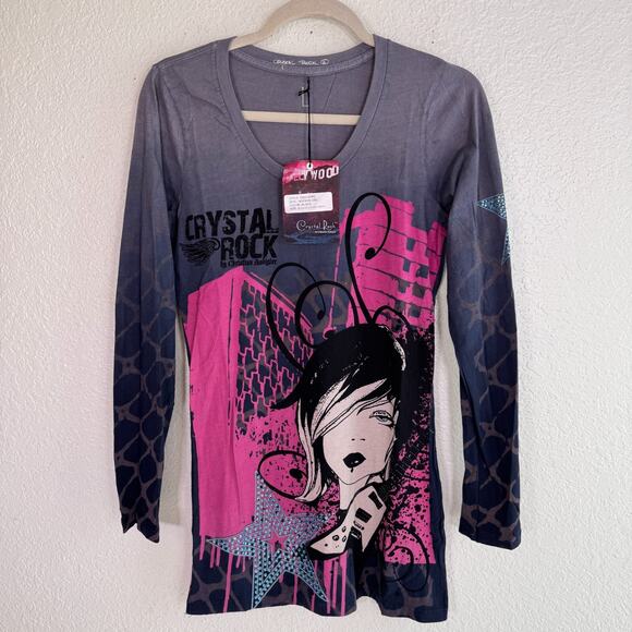 Christian Audigier Crystal Rock Y2K Shirt Women Large Rocker Girl Tee Tunic Top - Picture 1 of 13